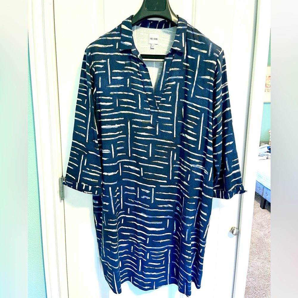 NIC & ZOE collared v-neck A-line popover dress Navy blue pattern Side pockets XL